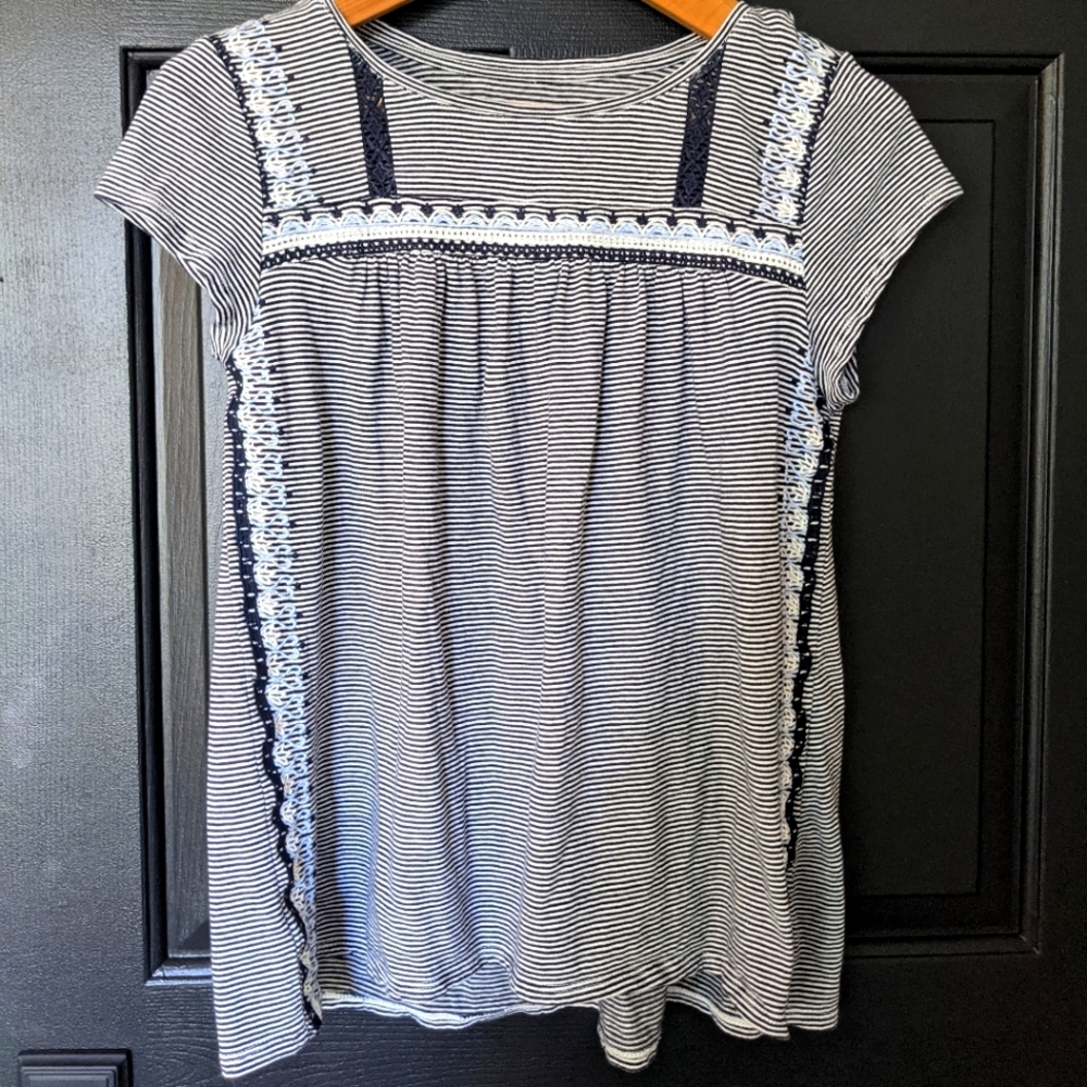 LOFT Navy Stripe Embellished T-Shirt- NWOT, Size Small